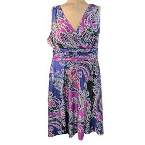 Fashion Bug 1X Purple Paisley Sleeveless V-Neck Knee Length Dress XL 14 16